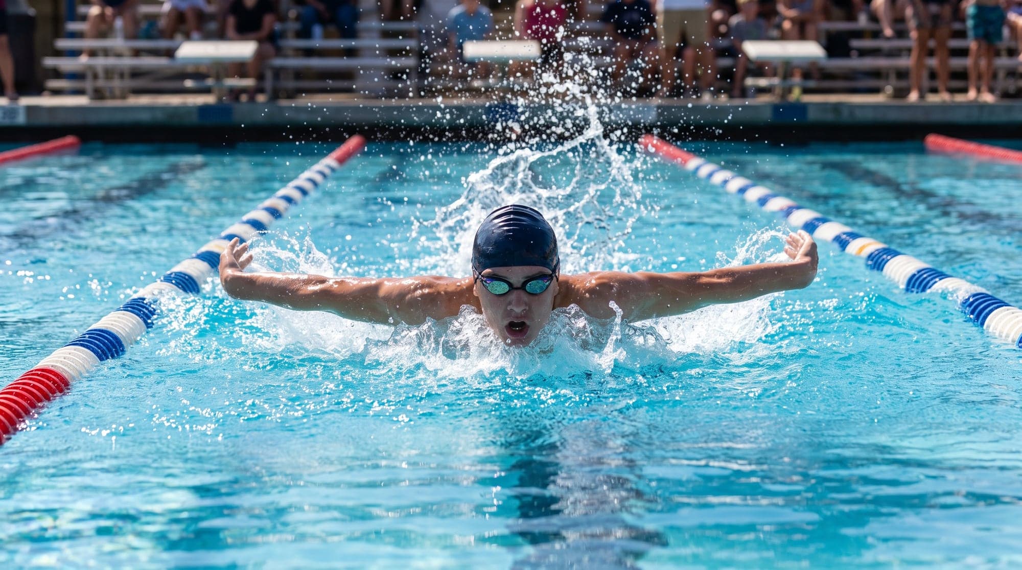 Young swimmer powering through the butterfly stroke, water spraying